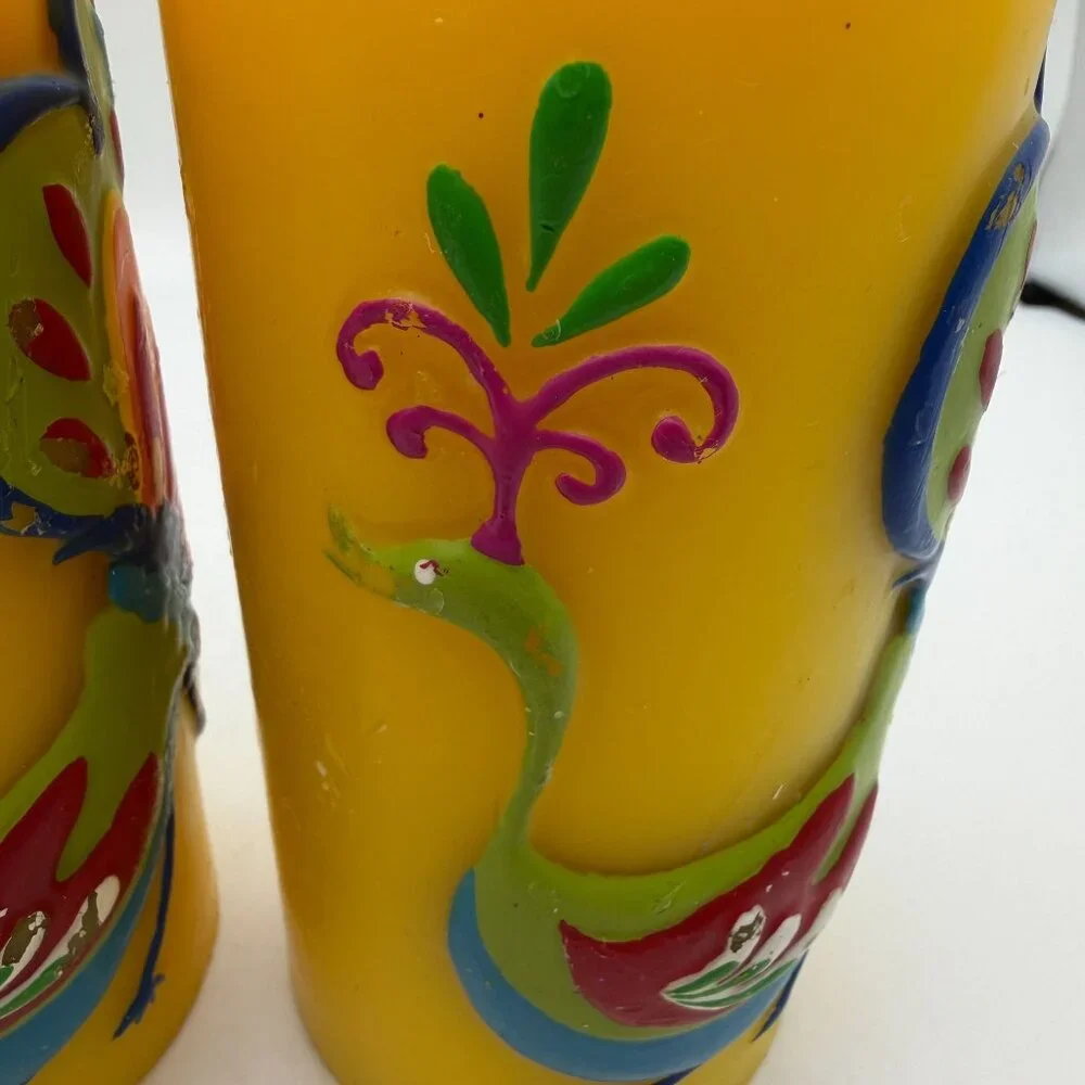 Pier 1 yellow peacock pillar candles set of two summer home decor lake house